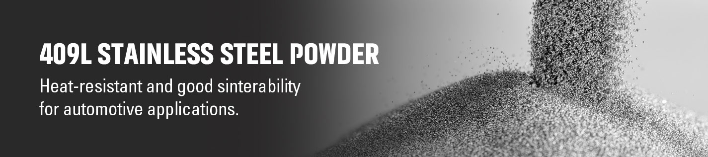 409L stainless steel powder in a clear container showcasing a fine metallic texture