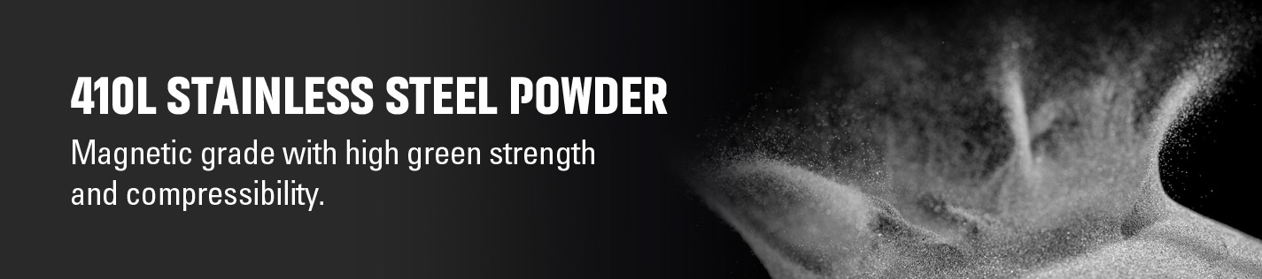 410L stainless steel powder displayed in a clean, fine metallic form inside a clear vessel.