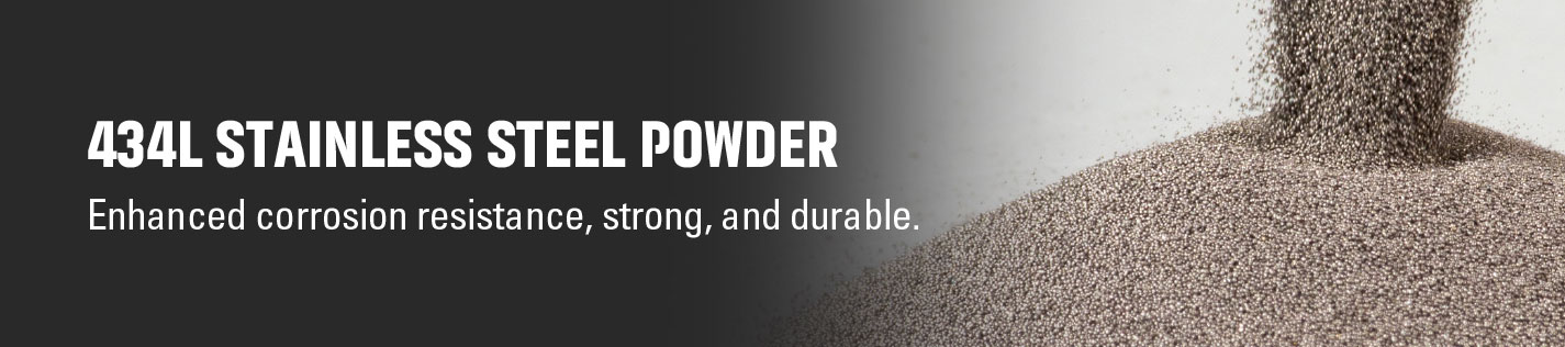 Stainless steel 434L powder displayed in a transparent container, showing its fine texture